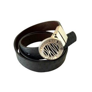 Donna Karan New York Black Leather Belt reversible Logo Silver Buckle Circa 1989